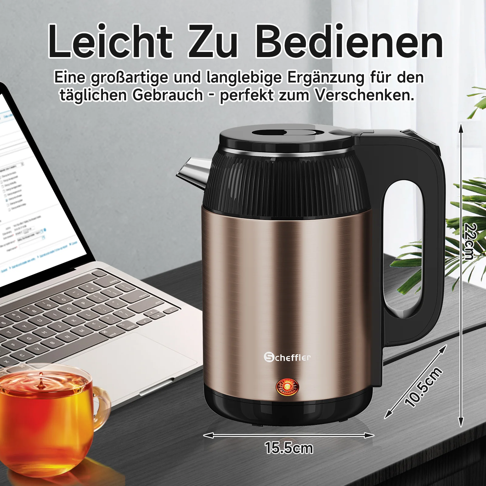 Wasserkocher 2,2L Kabellos 1500W BPA-frei, Schnellkochend, Retro Design Blau/Roségold - Image 8