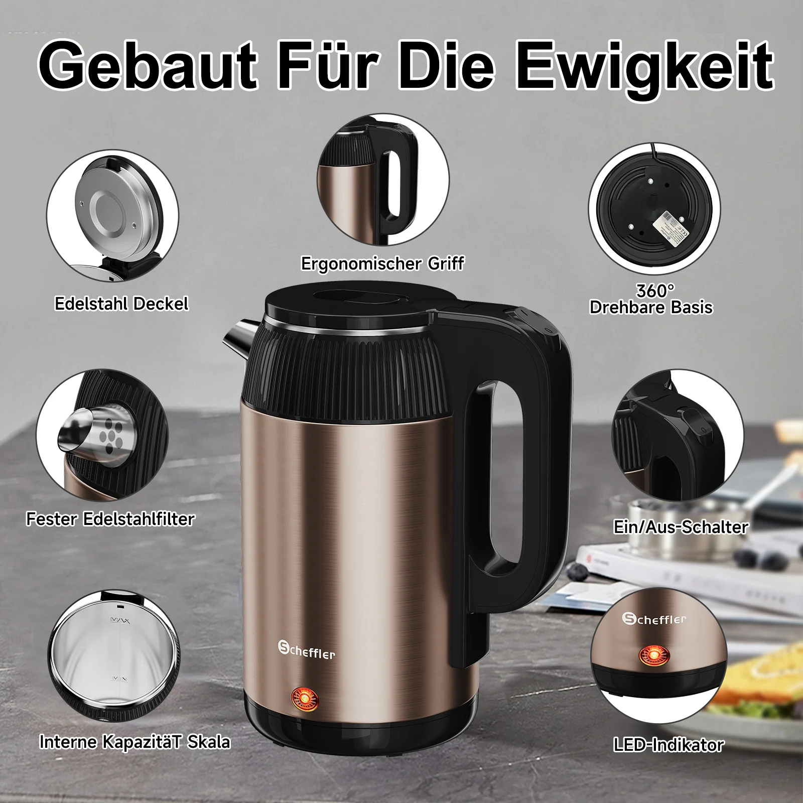 Wasserkocher 3L Kabellos 1500W BPA-frei, Schnellkochend, Retro Design Blau/Roségold - Image 3