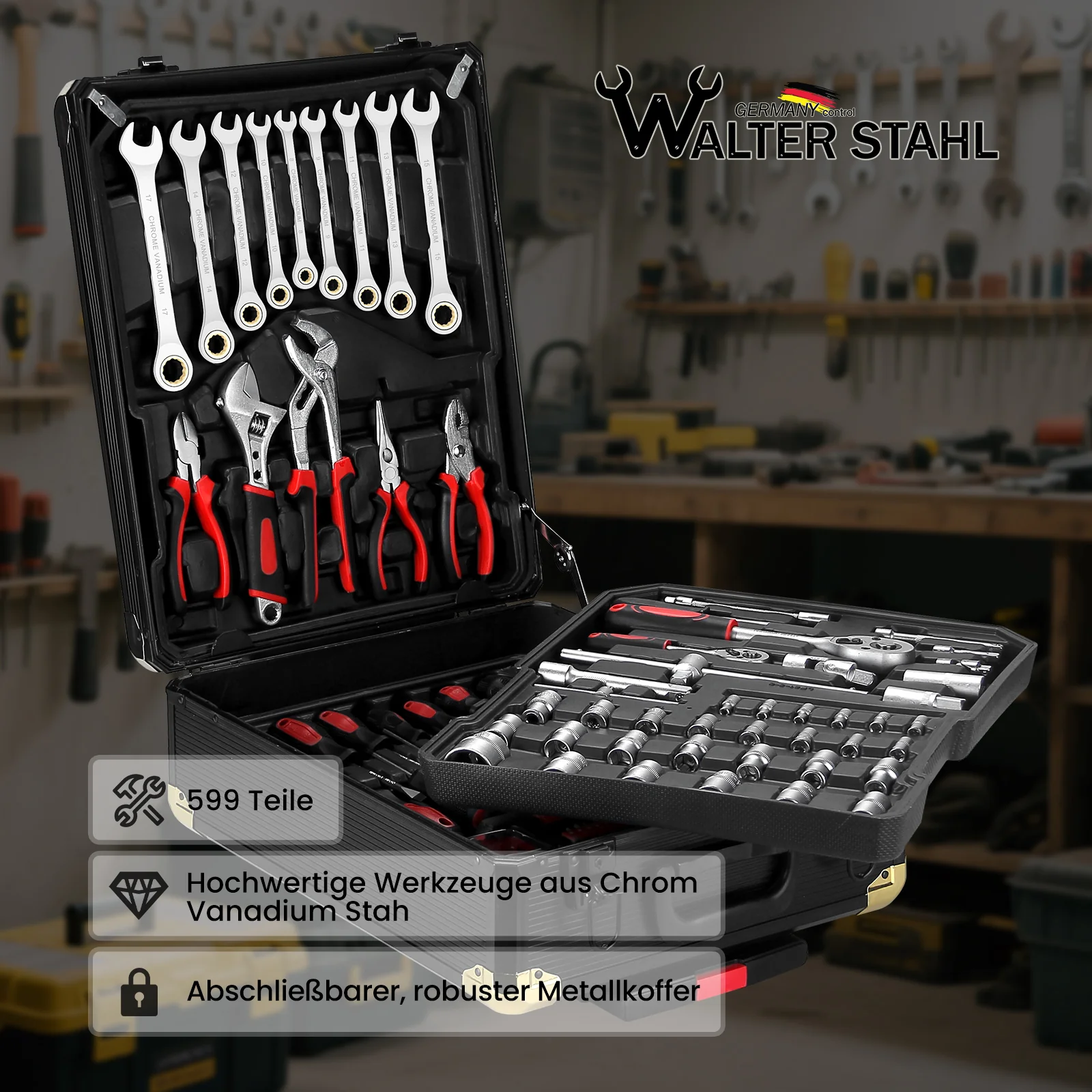 Werkzeugkoffer 599-tlg, Aluminiumkoffer, vielseitiges Werkzeugset für Werkstatt & Haushalt - Image 3