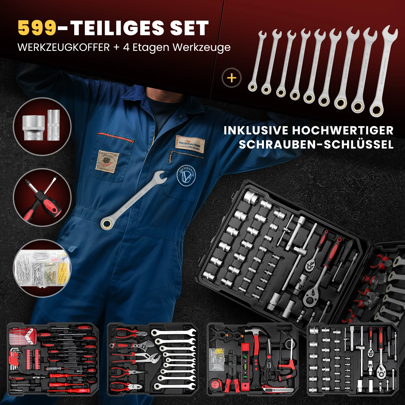 Werkzeugkoffer 599-tlg, Aluminiumkoffer, vielseitiges Werkzeugset für Werkstatt & Haushalt - Image 4